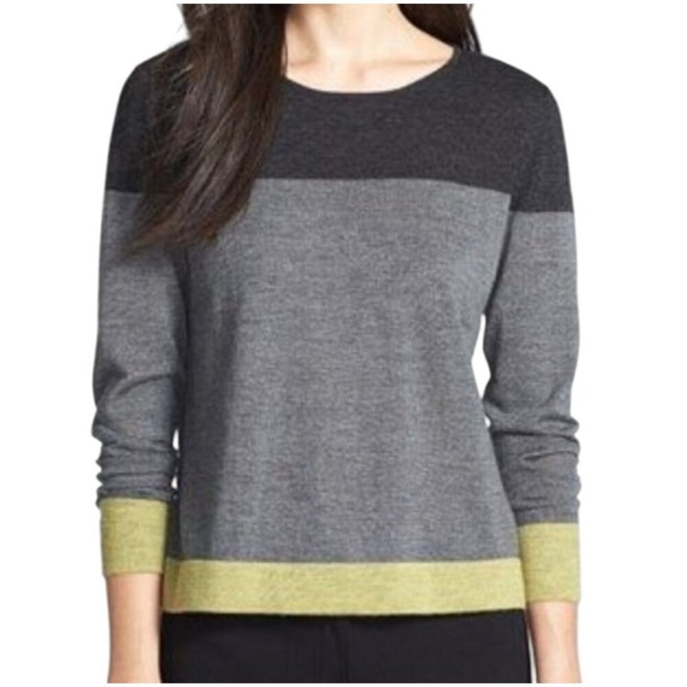 Eileen Fisher Womens Petite Merino Wool Color Block Sweater Ps Grey & Olive